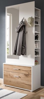 Kompaktgarderobe weiß Eiche Garderobe 80 x 190 cm, Spiegel, Schuhregal Kleiderstange