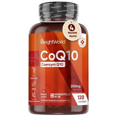 Coenzym Q10-200mg pro Kapsel - 120 vegane CoQ10 Kapseln - WeightWorld