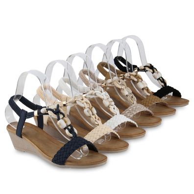 VAN HILL Damen Keilsandaletten Sandaletten Zierperlen Wedges Sommer Schuhe 841054