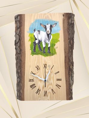 Wanduhr auf Tanne - Motiv Ziege Martha gemalt von der Künstlerin Susanne Kraft