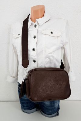 Umhängetasche Schultertasche Cross Body Bag Kunstleder breiter Gurt Quaste Coffee