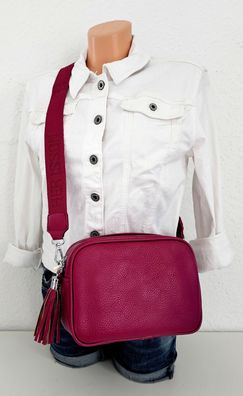Umhängetasche Schultertasche Cross Body Bag Kunstleder breiter Gurt Quaste Pink