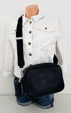 Umhängetasche Schultertasche Cross Body Bag Kunstleder breiter Gurt Quaste Schwarz