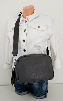 Umhängetasche Schultertasche Cross Body Bag Kunstleder breiter Gurt Quaste Grau