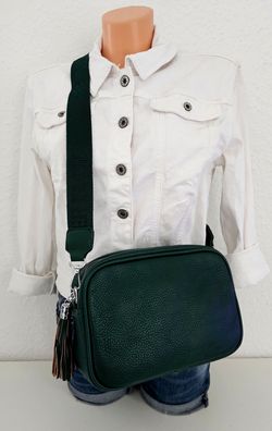 Umhängetasche Schultertasche Cross Body Bag Kunstleder breiter Gurt Quaste Dunkelgrün