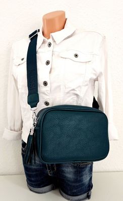 Umhängetasche Schultertasche Cross Body Bag Kunstleder breiter Gurt Quaste Petrol