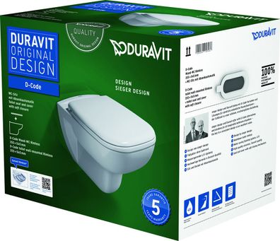 Duravit Wand-Tiefspül-WC D-Code Set 355x540mm spülrandlos mit WC-Sitz
