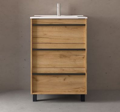 Salgar Attila Unterschrank 600 3 Schubladen + Waschbecken Eiche Afrika