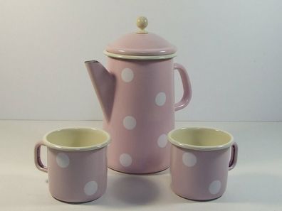 Set Nostalgie Kaffeekanne Teekanne Emaille 1,6 L und 2 Becher Rosé mit Tupfen