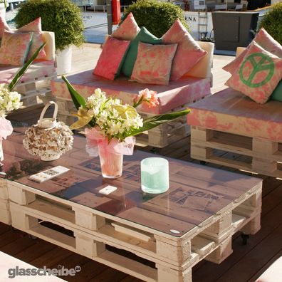 Europalette Tischplatte BRAUN Glasscheibe Palettenmöbel Glasplatte Glastisch ESG