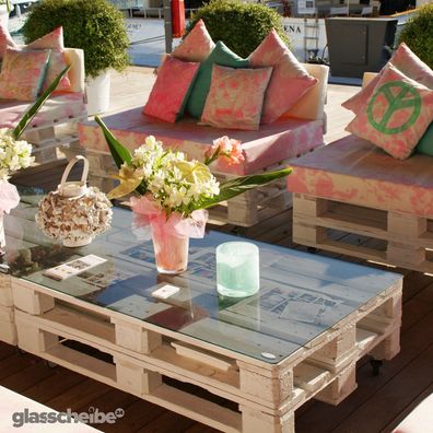 Europalette Tischplatte GRAU Glasscheibe Palettenmöbel Glasplatte Glastisch ESG