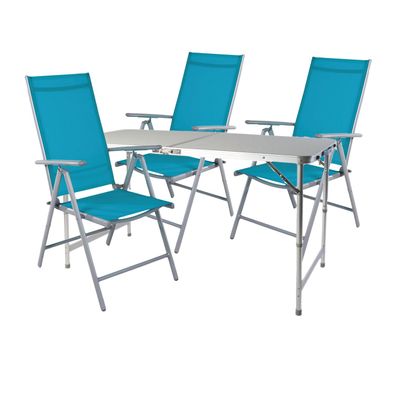 XXL 4-tlg Campingmöbel Alu höhenverstellbar Campingtisch + 3 Klappstühle Petrol