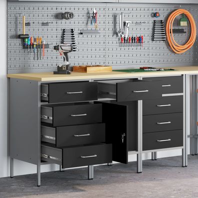 vidaXL 3-tlg. Werkstattschrank-Set Schwarz Grau Holzwerkstoff Stahl