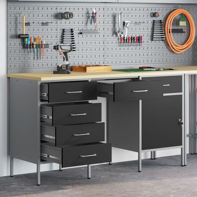vidaXL 3-tlg. Werkstatteinrichtung-Set Schwarz Holzwerkstoff und Stahl
