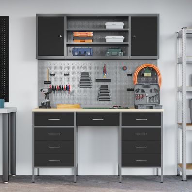 vidaXL 7-tlg. Werkstattschrank-Set mit Stecktafel Schwarz MDF Metall