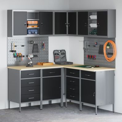 vidaXL 12-tlg. Werkzeugschrank-Set mit Stecktafel Schwarz MDF Metall