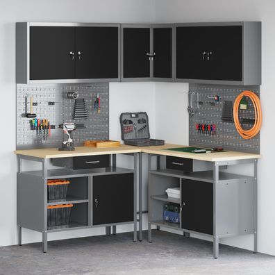vidaXL 10-tlg. Werkzeugbank-Set Schwarz Holzwerkstoff und Metall