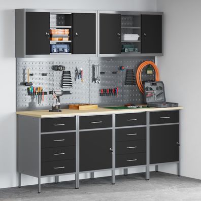 vidaXL 10-tlg. Werkstattschrank-Set mit Stecktafel Schwarz MDF Metall