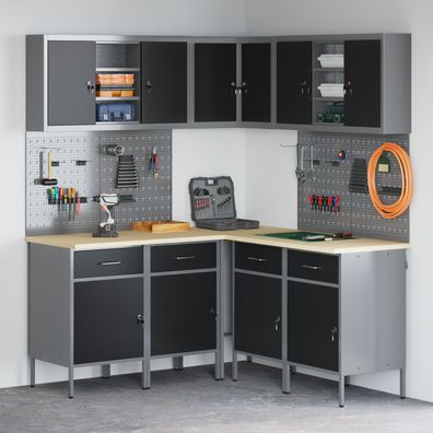 vidaXL 12-tlg. Werkstattschrank-Set mit Stecktafel Schwarz MDF Metall