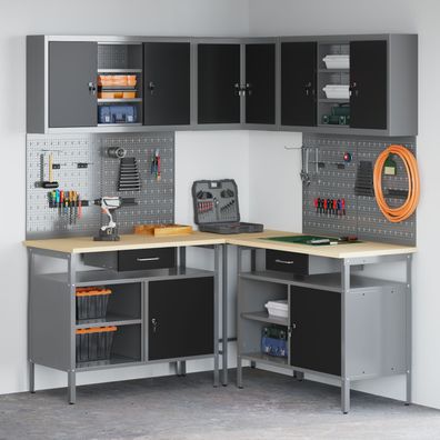 vidaXL 10-tlg. Werkzeugbank-Set Schwarz Holzwerkstoff und Metall