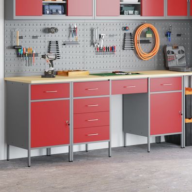 vidaXL 4-teiliges Set aus Arbeitskabine und Tisch, rot, Melamin und Stahl
