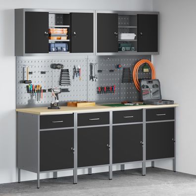 vidaXL 10-tlg. Werkstattschrank-Set mit Stecktafel Schwarz MDF Metall