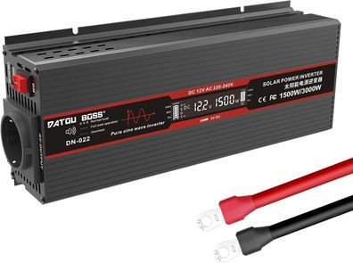 Wechselrichter 1500W DC12V-AC230V Reiner Sinus-Wandler mit LCD-Display