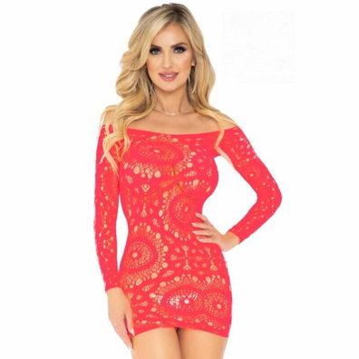 LEG AVENUE Crochet LACE LONG SLEEVE MINI DRESS CORAL ONE SIZE
