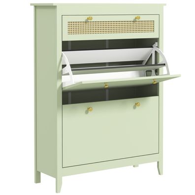 Schuhschrank mit 2 Klappen und Schublade, für 12 Paar Schuhe, 88x30x120cm, grün