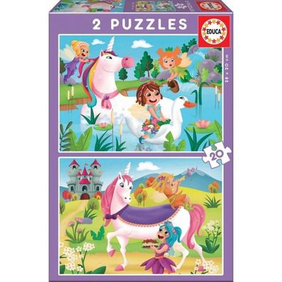 Educa 18064, Einhörner und Feen, 2x20 Teile Puzzleset für Kinder ab 3 Jahren, Märchen