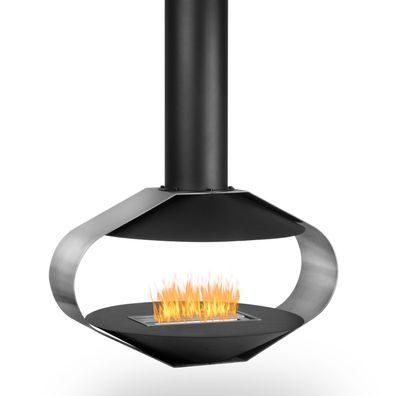 Moderner Decken-Ethanolkamin schwarz/silber H 190 cm - hängender Bioethanol-Kamin