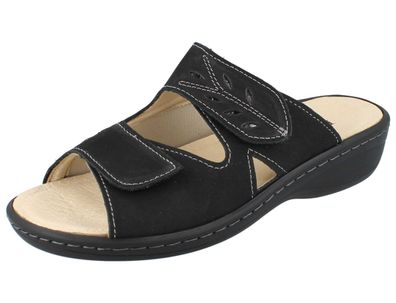 LONGO Damen Pantolette Hausschuhe Schlappen schwarz Nubukleder Stretch