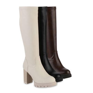 VAN HILL Damen Klassische Stiefel Holzoptikabsatz Profil-Sohle Schuhe 841465