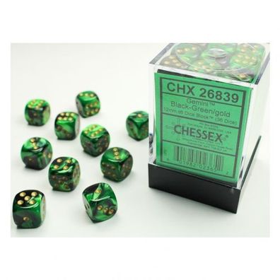 Würfel - 12 mm - Gemini Black-Green/gold (Würfelset 36 x W6)