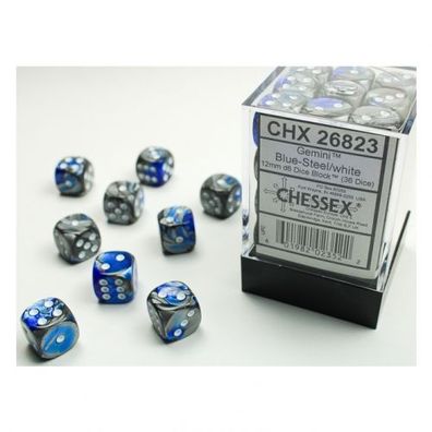 Würfel - 12 mm - Gemini Blue-Steel/white (Würfelset 36 x W6)