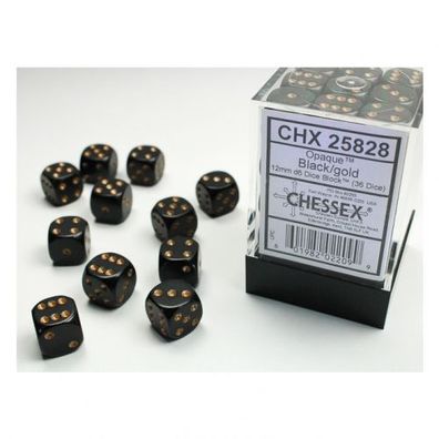 Würfel - 12 mm - Opaque Black/gold (Würfelset 36 x W6)