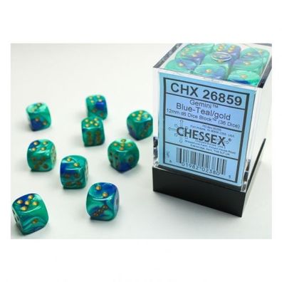 Würfel - 12mm - Gemini Blue-Teal/gold (Würfelset 36 x W6)
