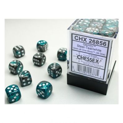 Würfel - 12mm - Gemini Steel-Teal/white (Würfelset 36 x W6)