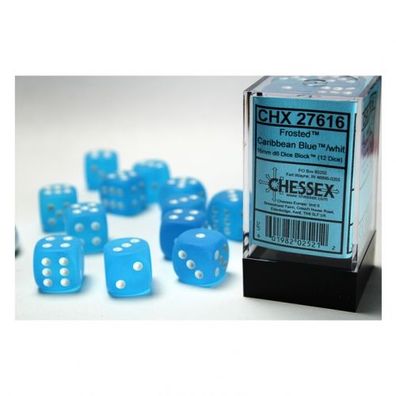 Würfel - 16mm - Frosted Caribbean Blue/white (Würfelset 12 x W6)
