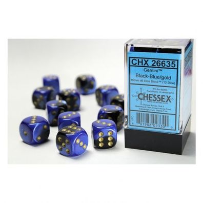 Würfel - 16mm - Gemini Black-Blue/gold (Würfelset 12 x W6)