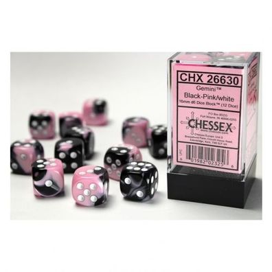 Würfel - 16mm - Gemini Black-Pink/white (Würfelset 12 x W6)
