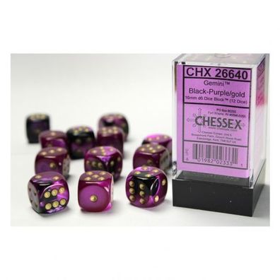 Würfel - 16mm - Gemini Black-Purple/gold (Würfelset 12 x W6)