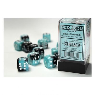 Würfel - 16mm - Gemini Black-Shell/white (Würfelset 12 x W6)