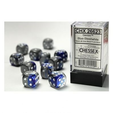 Würfel - 16mm - Gemini Blue-Steel/white (Würfelset 12 x W6)