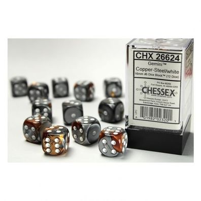 Würfel - 16mm - Gemini Copper-Steel/white (Würfelset 12 x W6)