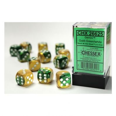 Würfel - 16mm - Gemini Gold-Green/white (Würfelset 12 x W6)
