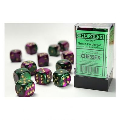 Würfel - 16mm - Gemini Green-Purple/gold (Würfelset 12 x W6)