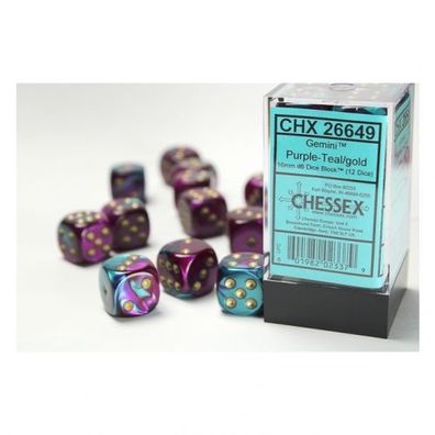 Würfel - 16mm - Gemini Purple-Teal/gold (Würfelset 12 x W6)