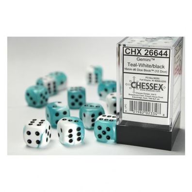 Würfel - 16mm - Gemini White-Teal/black (Würfelset 12 x W6)