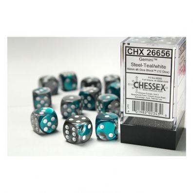 Würfel - 16mm - Gemini Steel-Teal/white (Würfelset 12 x W6)